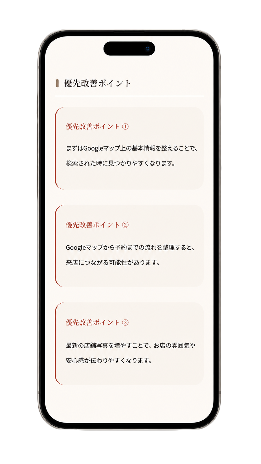優先改善ポイントの表示画面